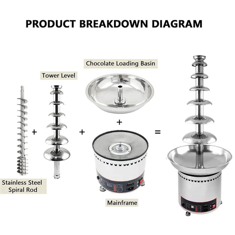 Product breakdown diagram of Multi Tier Electric Chocolate Fountain Machine Built From Premium Stainless Steel for parties.