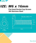 Illustration of M6 1.0 By 16mm Flat Head Hex Socket Cap Screws Countersunk Bolts 304 Stainless Steel with dimensions.