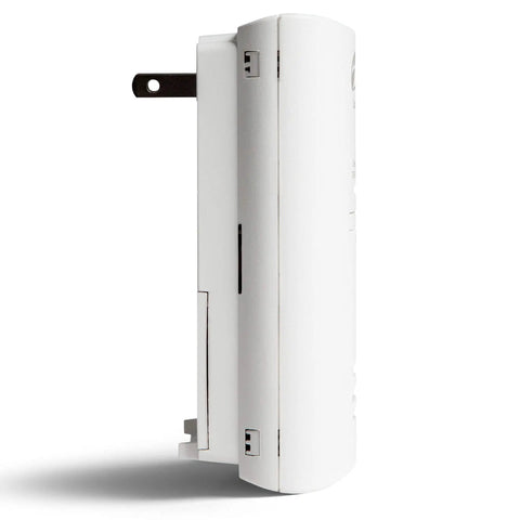 Side view of Carbon Monoxide Detector Plugs Into Wall With AA Battery Backup And Test Hush Button 85 Decibel Alarm shown.