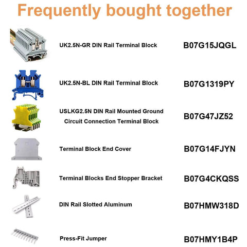 Product selection displaying various DIN Rail Terminal Blocks and components frequently bought together.