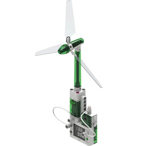 Renewable Energy Lab STEM Kit For Kids And Teens, Hands On Projects And NGSS Aligned Curriculum For Home And School, Build Models To Explore Clean Energy Generation And Usage, Ages 8-18, green wind turbine model with digital display