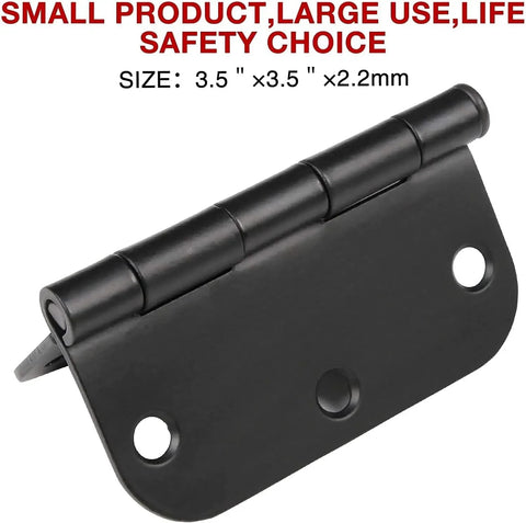 Six Pack Matte Black Interior Door Hinges Three Point Five Inch Round With Five Eighths Inch Radius Heavy Duty Hinge Close-up