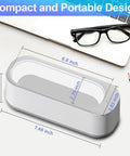Compact and portable 45 kHz ultrasonic jewelry cleaner, 7.48 x 2.75 x 2.83 inches, ideal for home use.