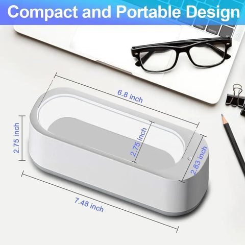 Compact and portable 45 kHz ultrasonic jewelry cleaner, 7.48 x 2.75 x 2.83 inches, ideal for home use.