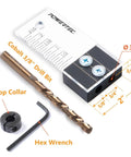 Doweling Jig Kit Three Eighths Inch For Woodworking With Laser Cut Witness Marks Easy Alignment Depth Scale Drill Guide Includes Cobalt M 35 Drill Bit And Split Ring Stop Collar with hex wrench and stop collar on a white background.