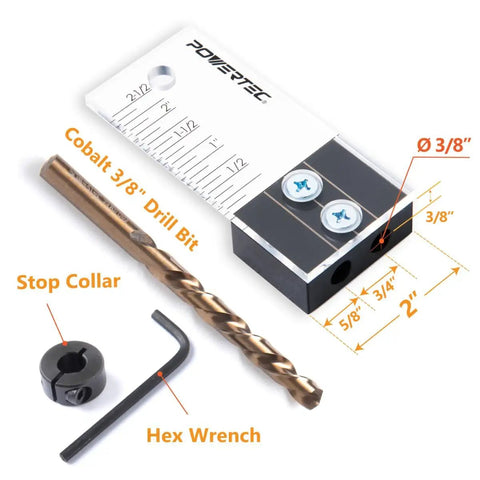 Doweling Jig Kit Three Eighths Inch For Woodworking With Laser Cut Witness Marks Easy Alignment Depth Scale Drill Guide Includes Cobalt M 35 Drill Bit And Split Ring Stop Collar with hex wrench and stop collar on a white background.