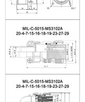 Technical drawing of Military Grade Circular Connector 20-19 Socket MS3102 Plug with MIL-C-5015 Spec dimensions for aerospace use