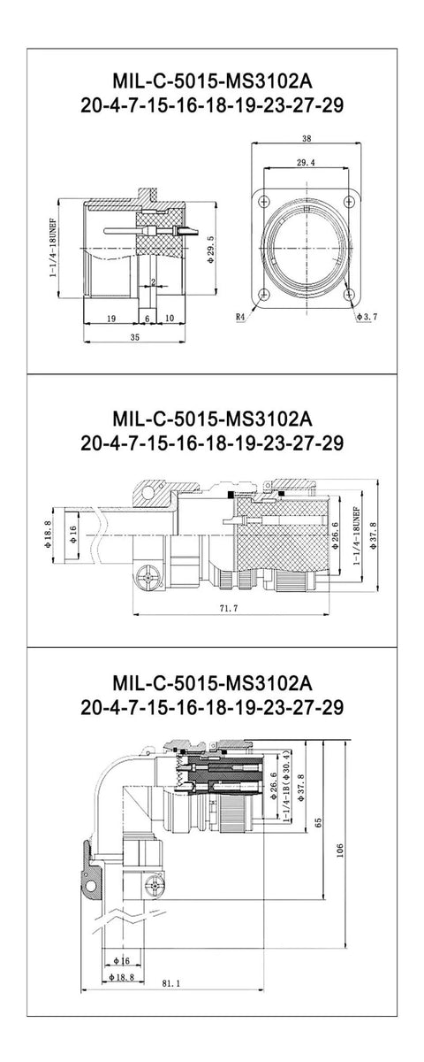 Technical drawing of Military Grade Circular Connector 20-19 Socket MS3102 Plug with MIL-C-5015 Spec dimensions for aerospace use