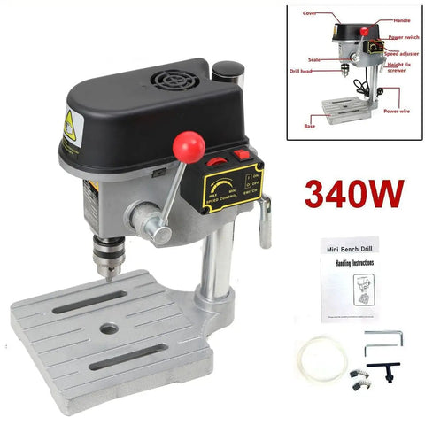 340W 3 Speed Benchtop Drill Press For DIY Projects And Jewelry Making Electric Bench Drill For Precision Wood Plastic Aluminum And Resin Drilling Low Noise Durable 110V Workhorse For Small Detail Work with accessories visible with manual and wrench