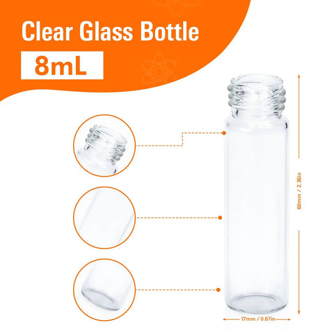 Premium 8ML Clear Borosilicate Glass Vials With Tight Screw Caps Totally Leakproof Lab Grade Storage Bottles For Beauty And Science Work Solid 20 Pack Hustle Ready For Your Daily Grind shown with dimensions and detailed views.
