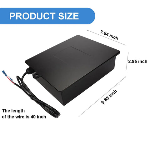 Rock Solid Steel Battery Enclosure For Automatic Gates Housing Two 12 Volt 7 Ah Lead Acid Packs With No Sweat Parallel Wiring For Hassle Free Dual Voltage Operation And Splash Proof Cover with dimensions shown.