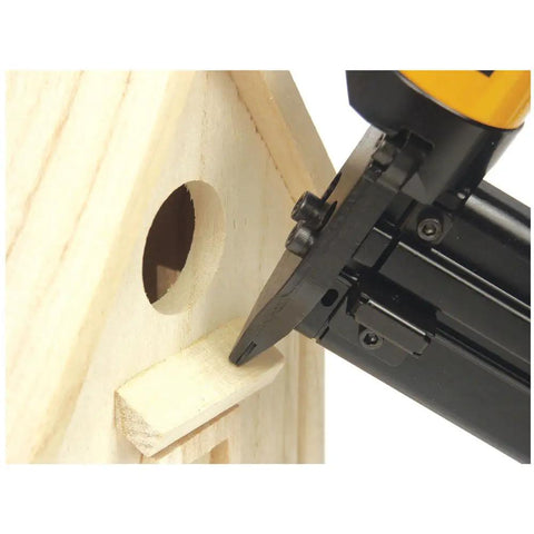Headless 23 Gauge Pin Nails 1 Inch 3000 Pack For Finish Nailing And DIY Projects in use with pinner on wooden joint