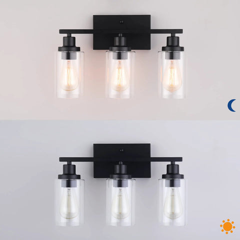 Matte Black 3 Light Vanity Wall Sconces With Clear Glass Shades, E26 Base Bathroom Lights For Bath, Living Room, Hallway, Or Kitchen, UL Listed