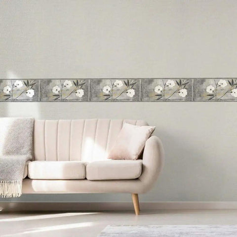 Peel And Stick Floral Wallpaper Border With Abstract Retro Flowers, Self Adhesive Wall Border In White Gray Brown Black, 15 Ft Long