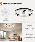 24 Inch Low Profile Ceiling Fan With Dimmable Led Light And Remote, dimensions for bedroom use, 8-11ft height, fits 108-161 sq ft.