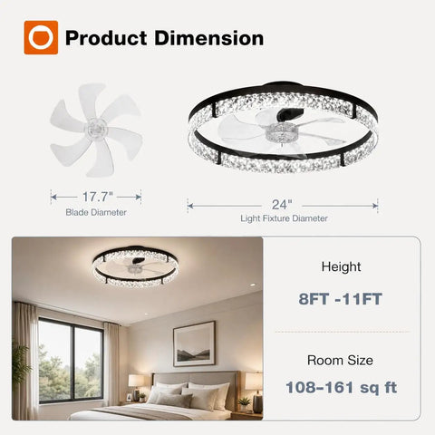 24 Inch Low Profile Ceiling Fan With Dimmable Led Light And Remote, dimensions for bedroom use, 8-11ft height, fits 108-161 sq ft.