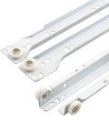 Top Shelf Bottom Mount Drawer Slides For Rv And Mobile Homes Fresh White Powder Coated Finish steel tracks with plastic wheels.