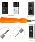 Torx T6 T15 Double End Doorbell Screwdriver with orange handle shown next to compatible Ring doorbells for easy replacement and installation.