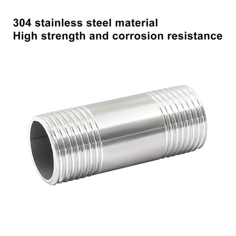 Side view of stainless steel 1/2 in NPT male-threaded pipe nipple, double-ended, 2 inches long