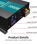 Close-up of Beast Power Pure Sine Wave Inverter 5000W Continuous with labeled LED display, sockets, and terminal block