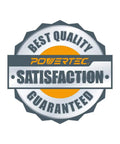 Best quality satisfaction guaranteed badge from Powertec on a gray and orange ribbon design background.
