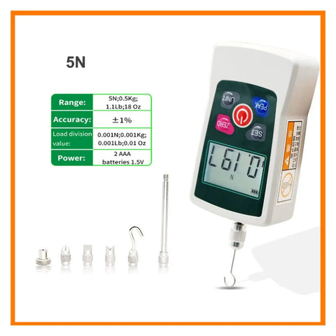 Badass Durable Digital Push Pull Force Gauge Dynamometer With High Resolution Display And Fast Sampling For Super Accurate Tension And Compression Tests Featuring Easy To Read Screen And Portable Design That Makes Heavy Lifting Measurements Feel Like A. Display shows force readings with multiple attachments.