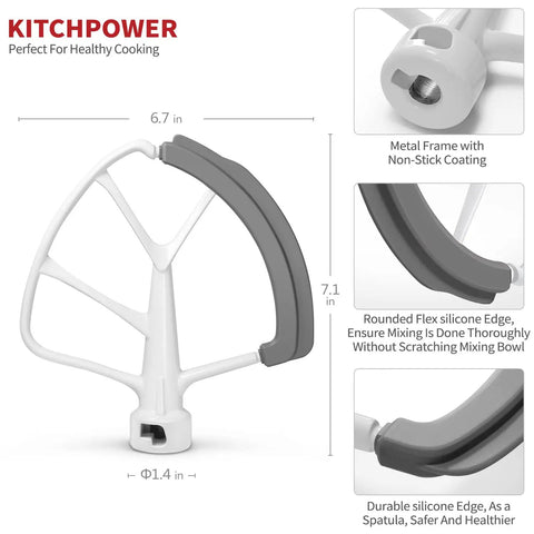 Flex Edge Beater For 6-Quart KitchenAid Bowl-Lift Stand Mixers, metal with silicone edge, 6.7x7.1 inches, detail view included