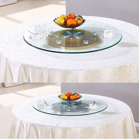 Tempered Glass Swivel Turntable For Dining Table Lazy Susan Rotating Tray with fruit and cups, set on lace tablecloth