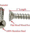 Number Twelve By One Inch Stainless Steel Wood Screws Flat Head Phillips Drive 304 Grade Rust Resistant Decking Fasteners Built Tough For Backyard Buildouts And Fence Fixes Fifty Pack showing #12 diameter and 1 inch length.