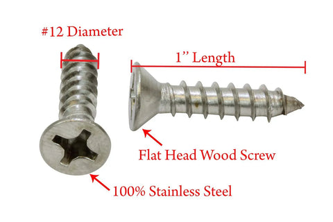 Number Twelve By One Inch Stainless Steel Wood Screws Flat Head Phillips Drive 304 Grade Rust Resistant Decking Fasteners Built Tough For Backyard Buildouts And Fence Fixes Fifty Pack showing #12 diameter and 1 inch length.