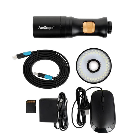 1080p HDMI All In One Digital Microscope With Zoom Optics On Double Arm Boom Stand 0.7x To 11.2x Magnification DM756H2D-DAB, cables and LED ring light