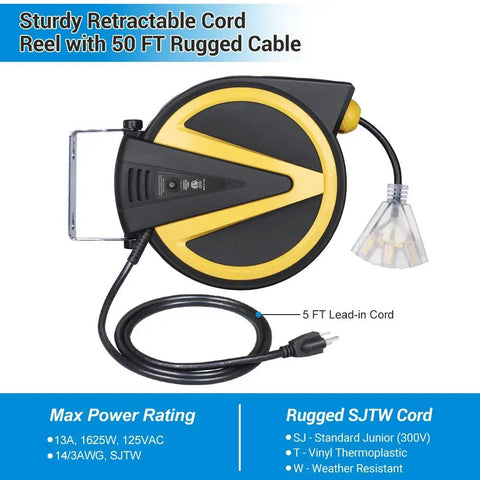 Retractable Cord Reel With Slow Auto Return Heavy Duty 50 Foot 14 3 SJTW Cord Lighted Triple Tap Outlets 13 Amp Circuit Breaker Ceiling Or Wall Mount ETL Listed Keeps Cords Tidy And Tangled Free Kid And Pet Safe No Cap
