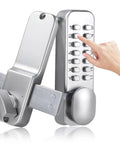 Mechanical Keyless Entry Front Door Lock With 14 Push Button Keypads Digital Outdoor Deadbolt Stainless Steel Weatherproof Gasket Rust Resistant Easy Install No Key Needed Silver Finish closeup