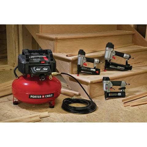 Dead Simple Six Gallon Pancake Air Compressor Bundled With Three Pro Nail Guns Including Finish Nailer Brad Nailer And Pin Nailer Plus Rugged Hose for woodworking
