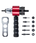 Rivet Nut Tool Kit M3 M8 Plug And Play Quick Change System with red adapter, wrench, and mandrels for DIY automotive and metalworking projects.