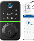Hassle Free Smart Keyless Deadbolt With Touch Screen Fingerprint Reader And Mobile App Access displaying keypad and smartphone app.