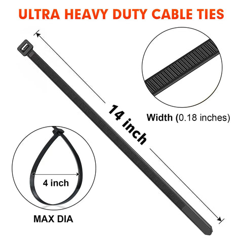 Heavy Duty Black Cable Ties 14 Inch 0.18 Inch Wide 1200 Pack Self Locking Nylon 66 Zip Ties With 50lb Tensile Strength For Indoor Outdoor Use