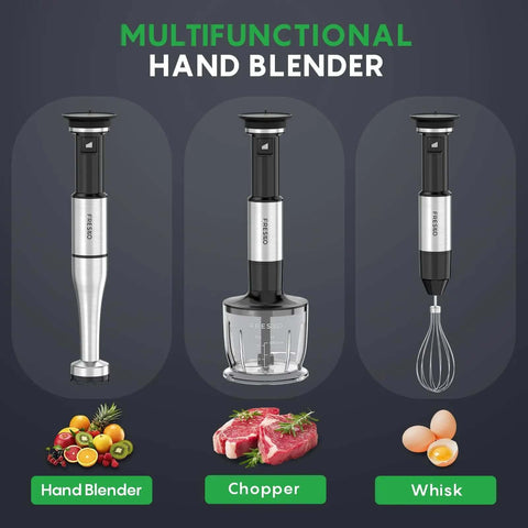 Top Tier Four In One Immersion Hand Blender With Variable Speed Trigger For No Sweat Creamy Soups Protein Shakes And Quick Food Chopping Around The Home Cooking Space displayed with hand blender, chopper, and whisk attachments.