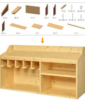 Wooden components for Power Tool Organizer And Storage Cabinet with assembly guide, showing slots and shelves for tools.