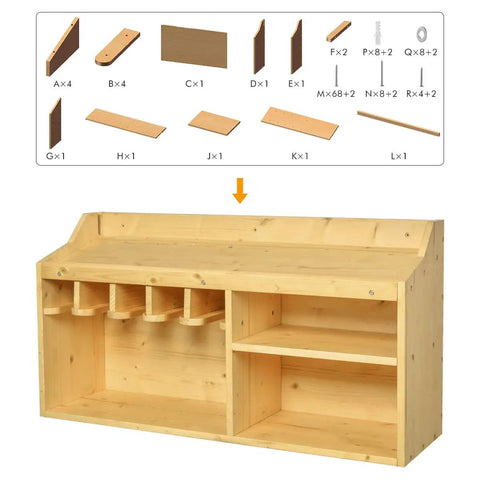 Wooden components for Power Tool Organizer And Storage Cabinet with assembly guide, showing slots and shelves for tools.