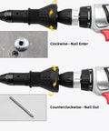 Cordless Rivet Gun Adapter Kit Converts Drill To Rivet Nut Tool, demonstrating clockwise and counterclockwise function