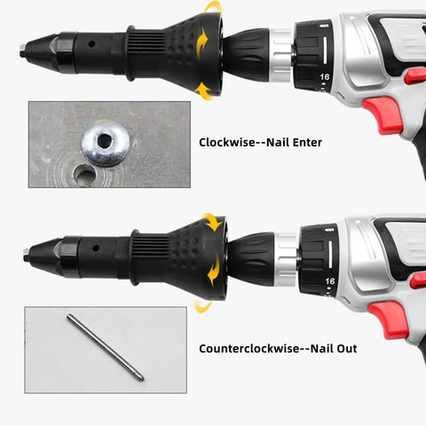 Cordless Rivet Gun Adapter Kit Converts Drill To Rivet Nut Tool, demonstrating clockwise and counterclockwise function