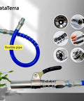 Grease Gun Coupler Kit Built Tough With 12 Inch Spring Hose And Six Fittings Quick Lock Release High Pressure 10000 PSI Universal One Eighth NPT Fits All Grease Guns Heavy Duty Alloy Steel, shown with hose and fittings