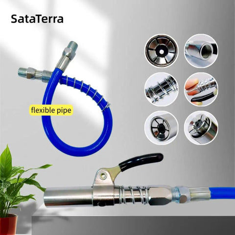 Grease Gun Coupler Kit Built Tough With 12 Inch Spring Hose And Six Fittings Quick Lock Release High Pressure 10000 PSI Universal One Eighth NPT Fits All Grease Guns Heavy Duty Alloy Steel, shown with hose and fittings