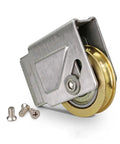Slick Heavy Duty Sliding Door Rollers With Double Wheel Assembly And Muted Brass Wheels Aluminum Alloy Pulleys close-up with screws.