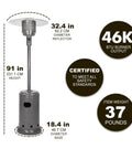 46,000 BTU Portable Outdoor Propane Patio Heater With Wheels, adjustable heat, 9 foot radius, slate gray viewed from front