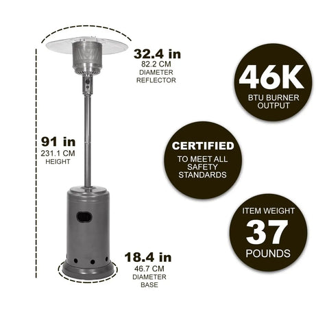 46,000 BTU Portable Outdoor Propane Patio Heater With Wheels, adjustable heat, 9 foot radius, slate gray viewed from front