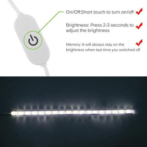 Top Shelf Quality 12 Inch Led Light Strip For Sewing Machines With Slick Touch Dimmer, showing on/off and brightness control feature.