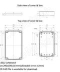 Technical diagram showing dimensions of the IP65 Waterproof ABS Plastic Junction Box for Electronics Projects in side and top views.
