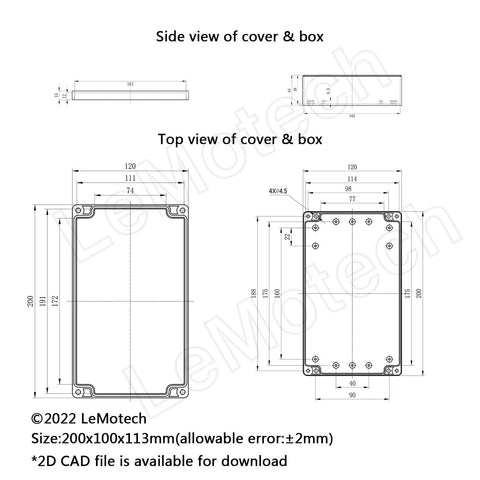 Technical diagram showing dimensions of the IP65 Waterproof ABS Plastic Junction Box for Electronics Projects in side and top views.